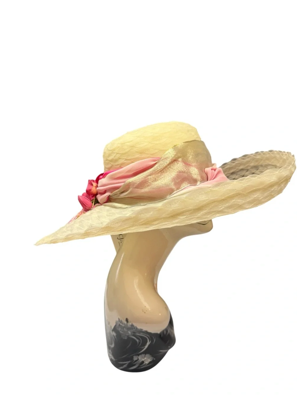 NWT Eric Javits Cream Wide-Brim Straw Hat with Pink Yellow Floral 17” - Picture 7 of 13